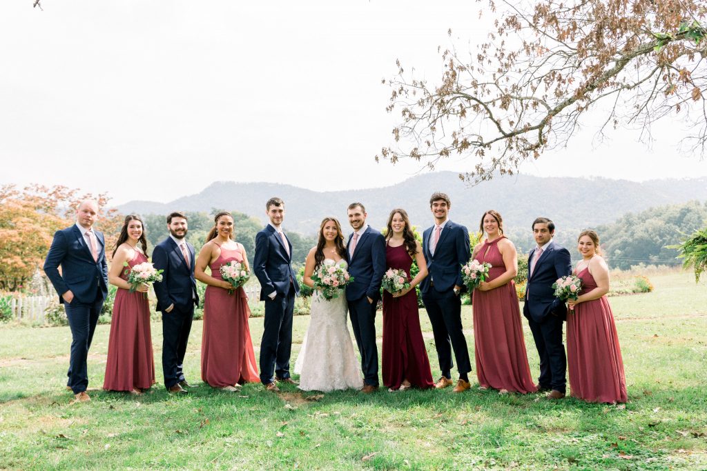 formal photo of the whole bridal party in navy suits and mauve dresses
