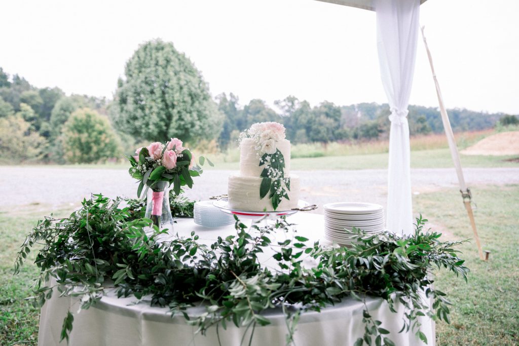 the cake table ringed in greenery