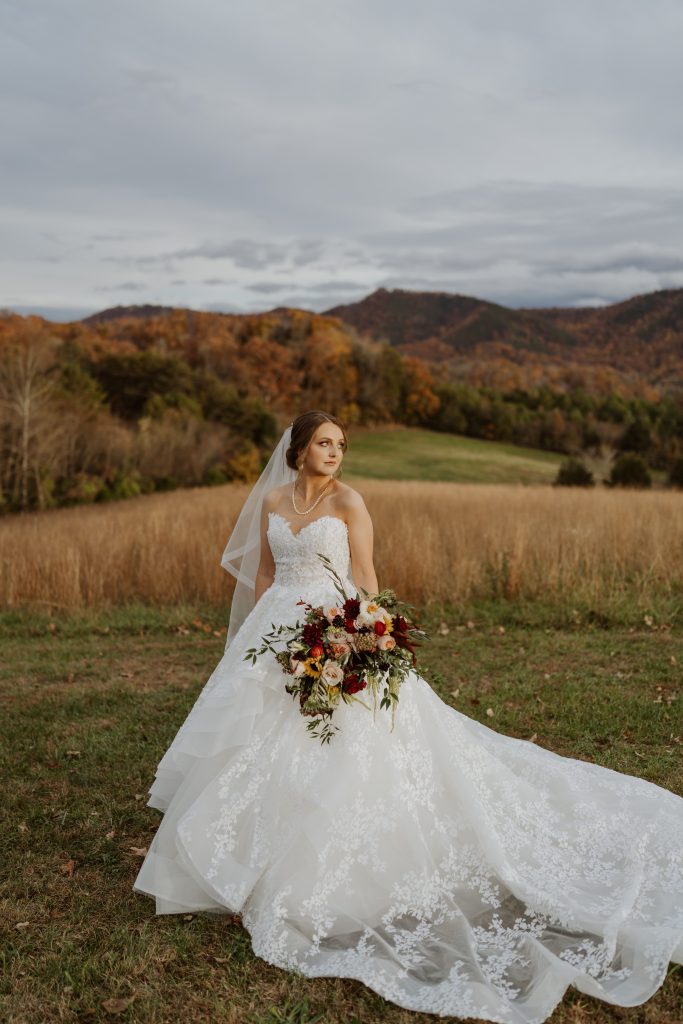Bride with bouquet, mountains in the background.