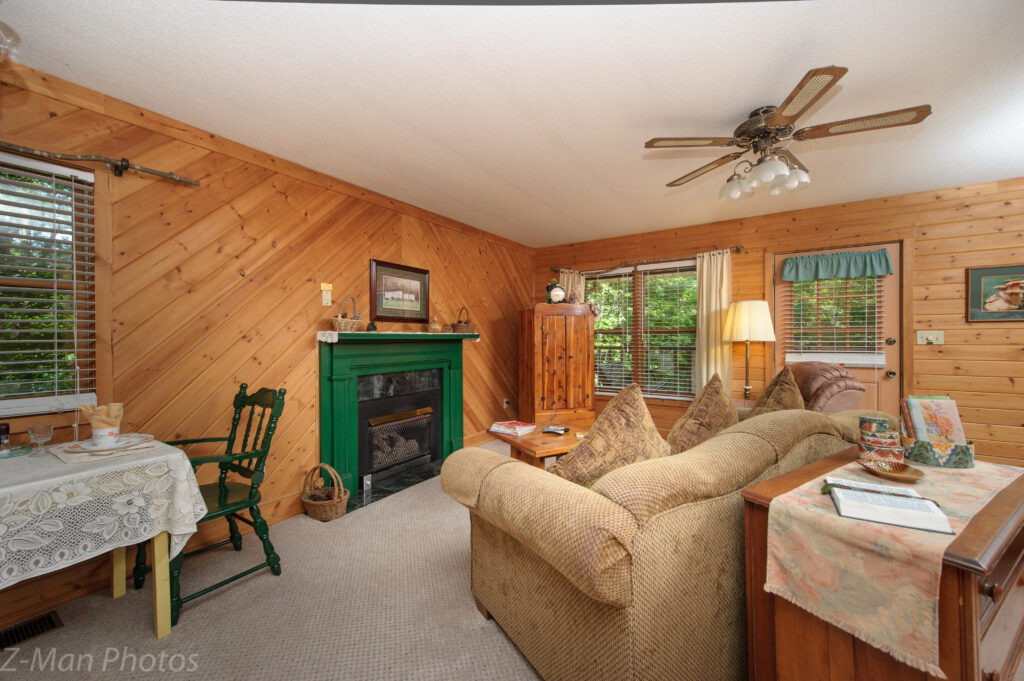 A cozy living room with wood paneling, a green fireplace, and a beige sofa