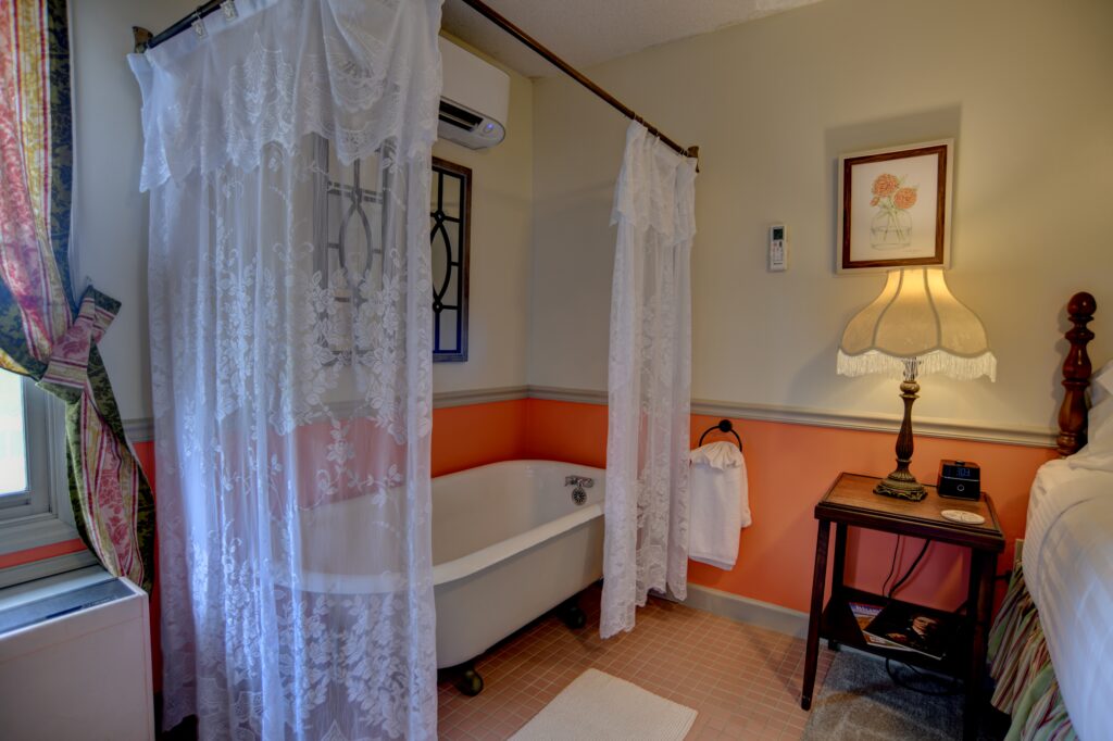 A wide view of a room with a clawfoot tub, shower curtain, bed, and nightstand.