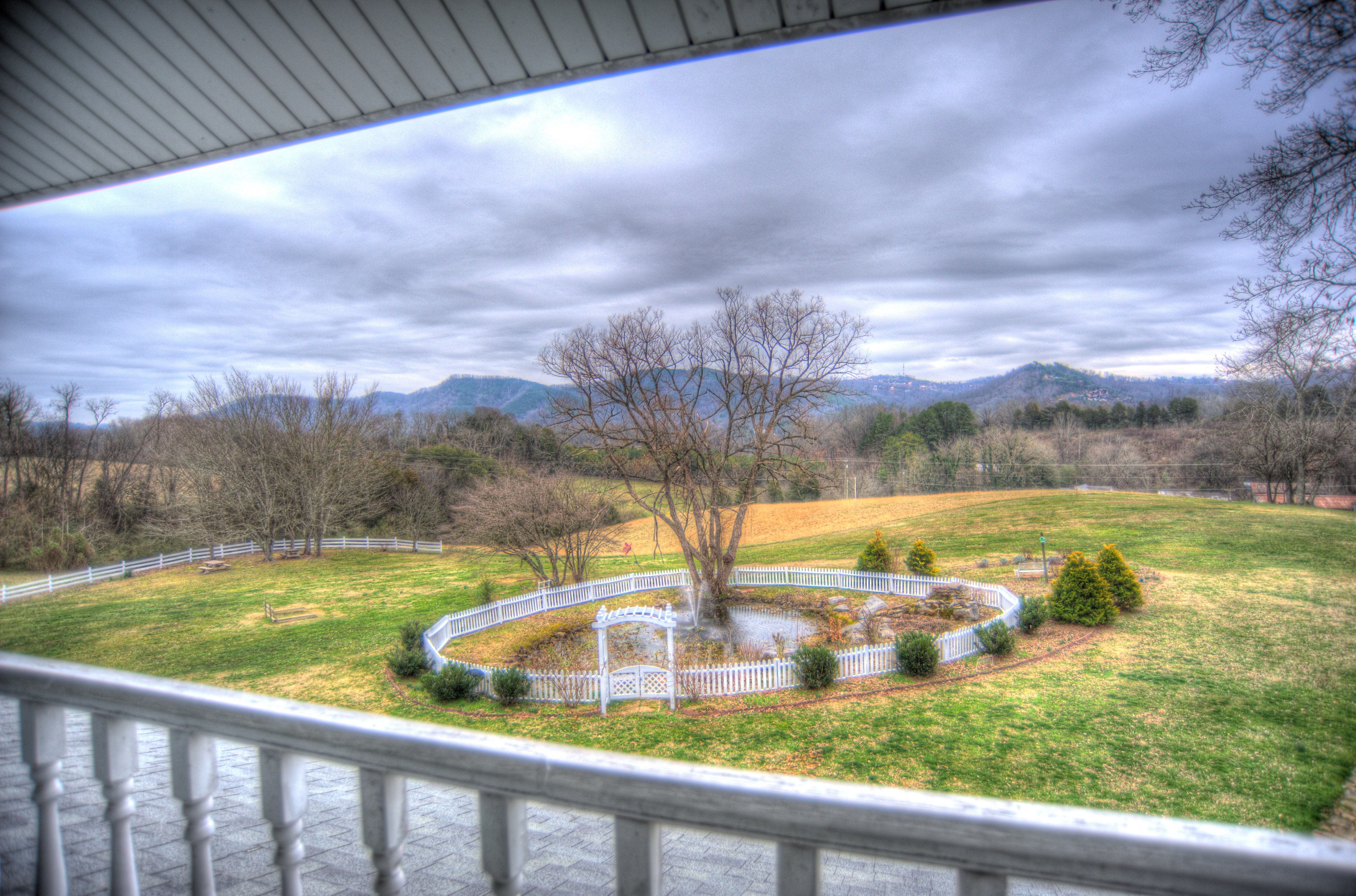A view of a grassy area with a tree and a white fence, with mountains in the background.